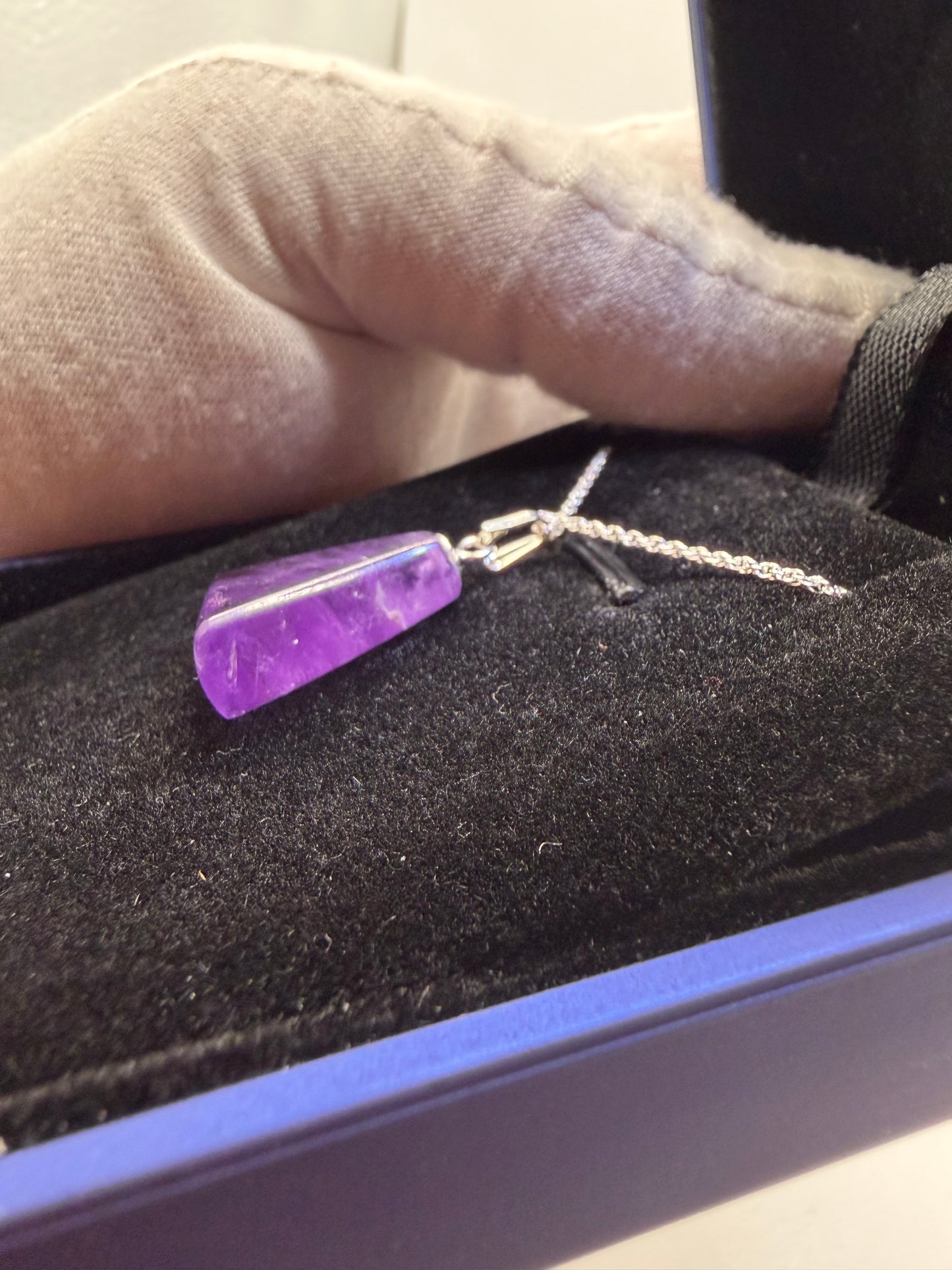 Sterling silver bail and 18 inch 1mm rope chain on 16ct Rwandan Amethyst triangular pendant handcrafted in Maine