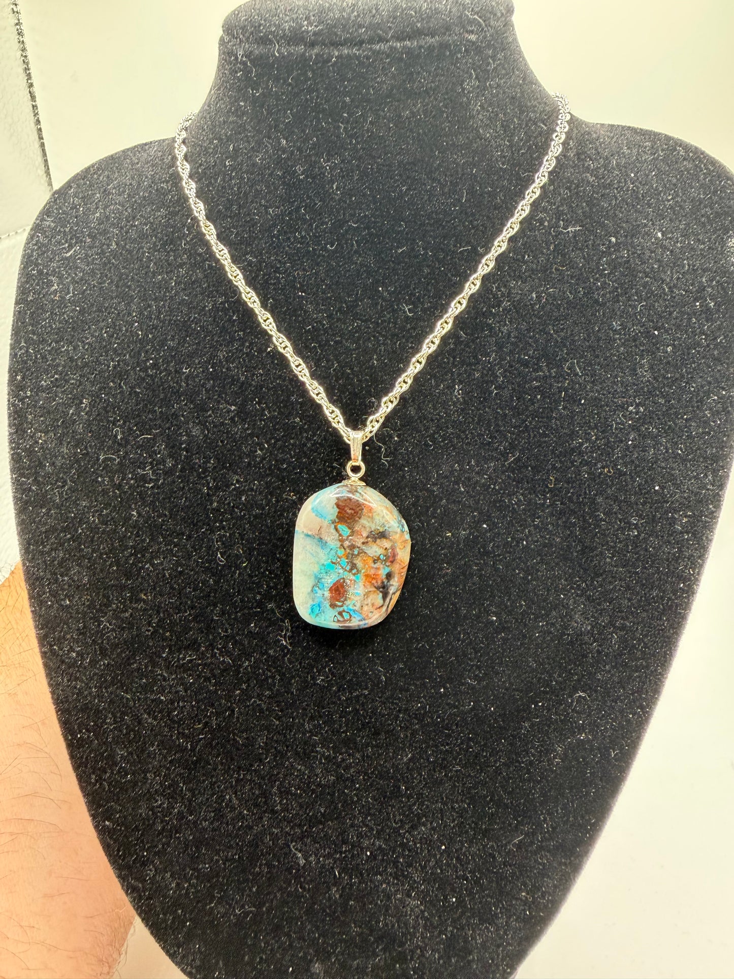 33ct Quantum Quattro pendant front view — Chrysocolla, Malachite, Shattuckite and Dioptase gemstone, handcrafted in Maine