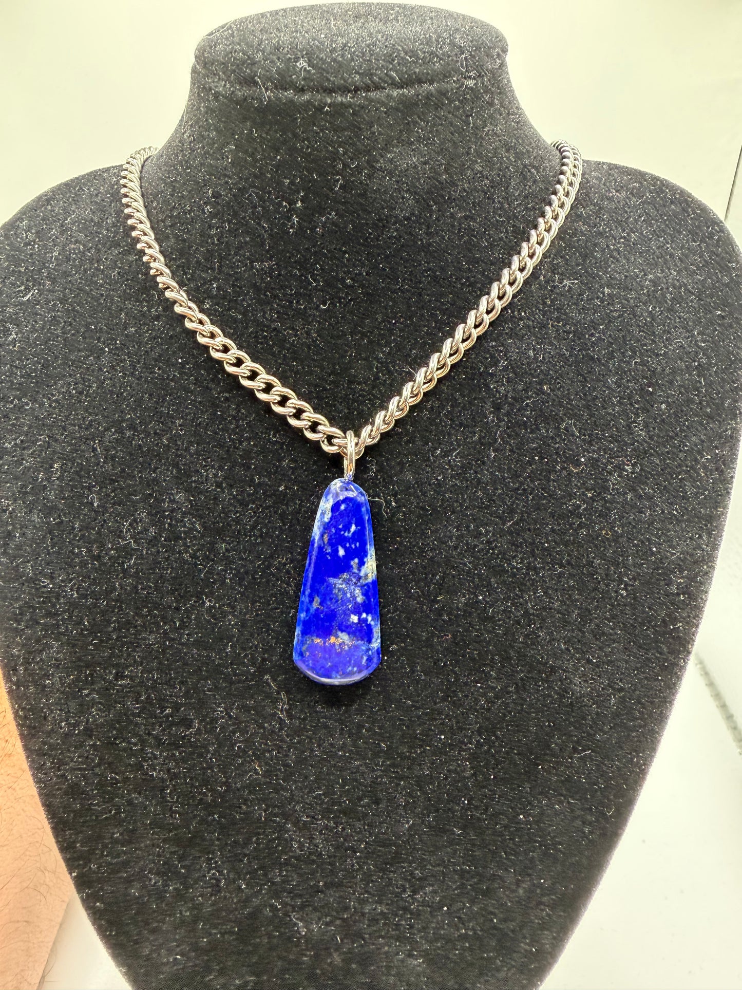 34ct natural lapis lazuli pendant on sterling silver bail – deep blue stone with gold pyrite inclusions, front view