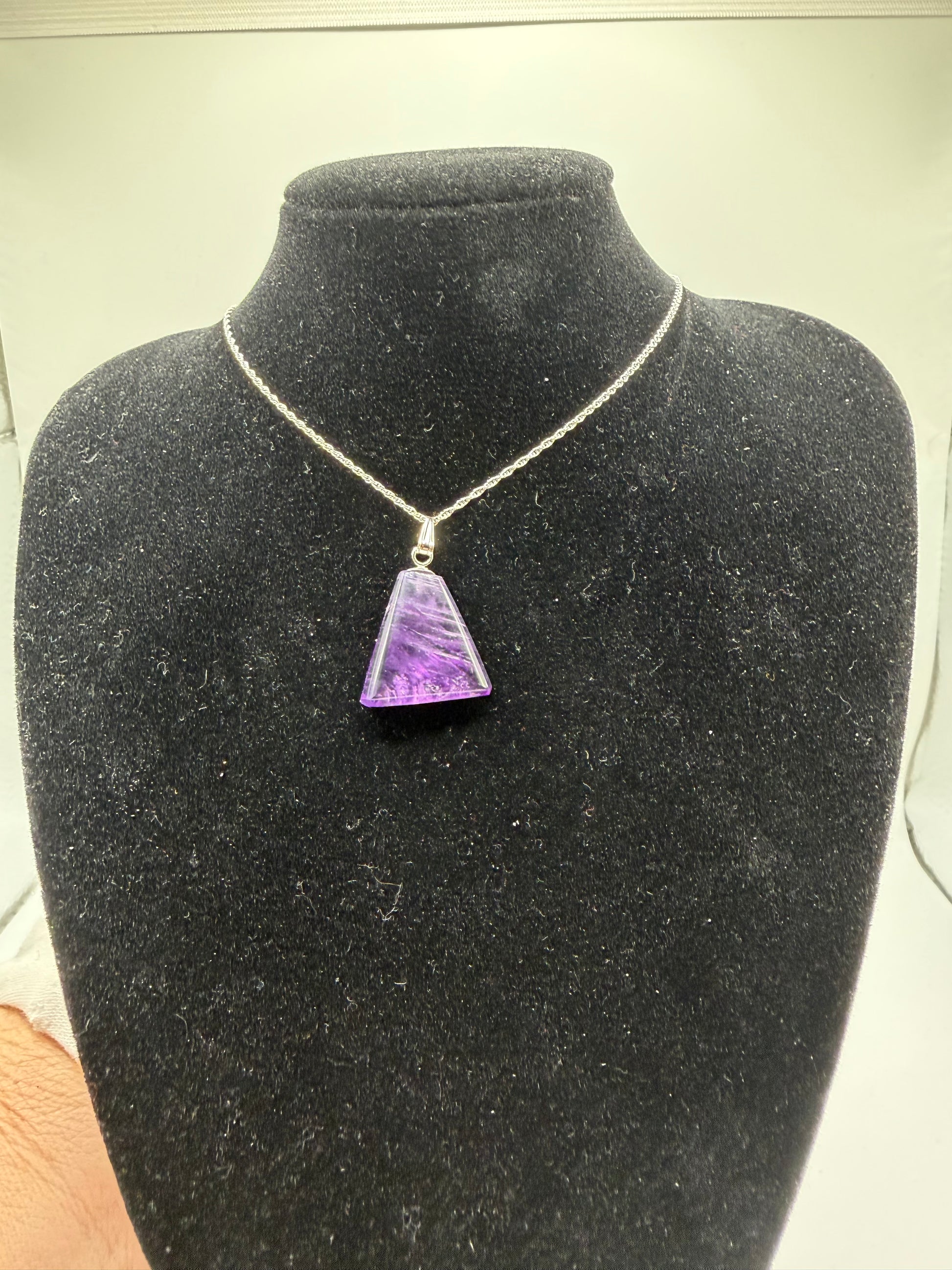 16ct Rwandan Amethyst triangular pendant handcrafted in Maine sterling silver with 18 inch chain included
