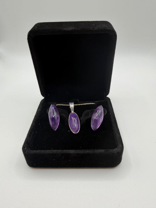 Rwandan Amethyst slender oval pendant and earring set handcrafted in Maine with sterling silver chain for pendant