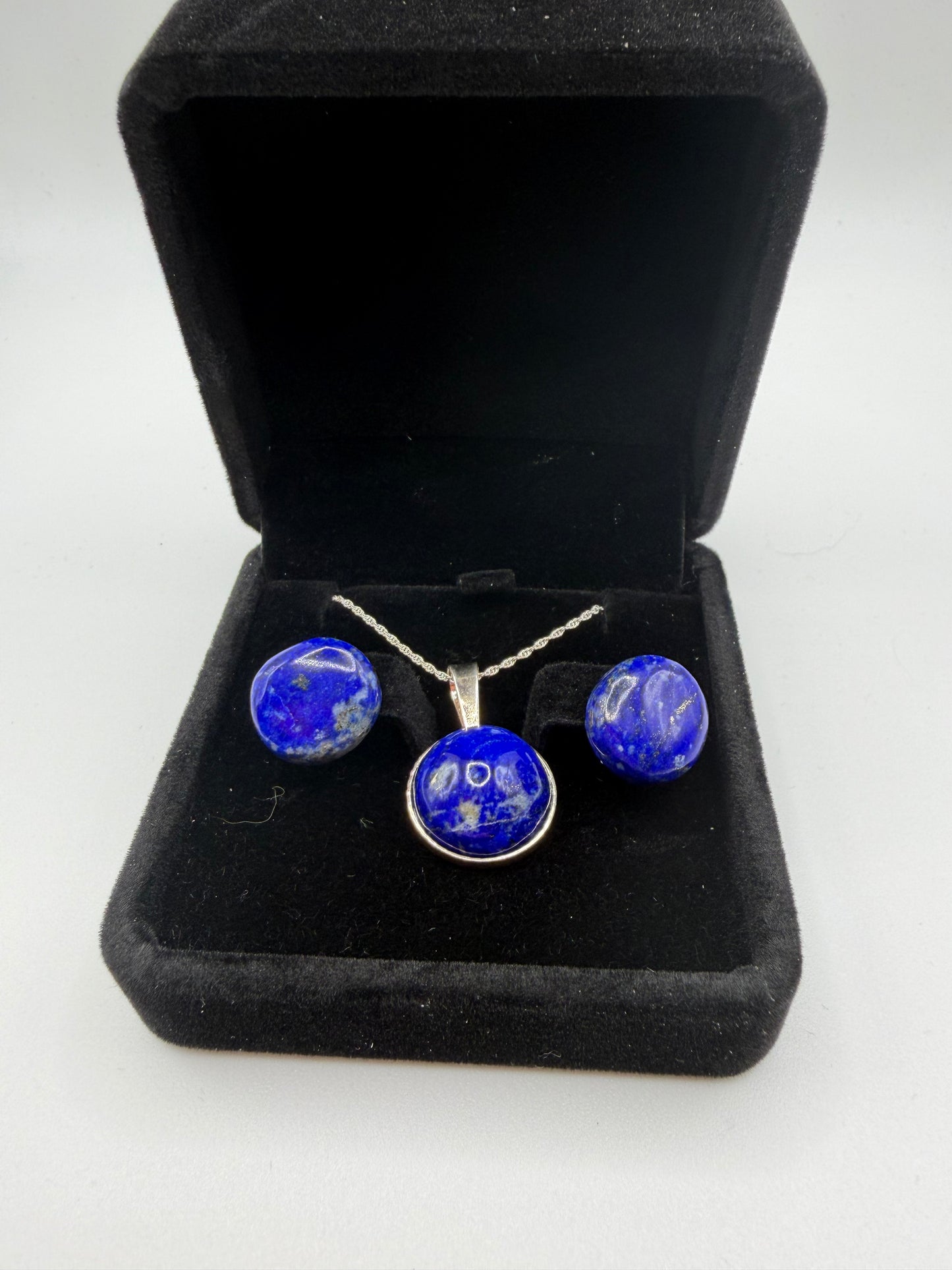 Lapis lazuli pendant and earring set handcrafted in Maine with sterling silver chain for pendant