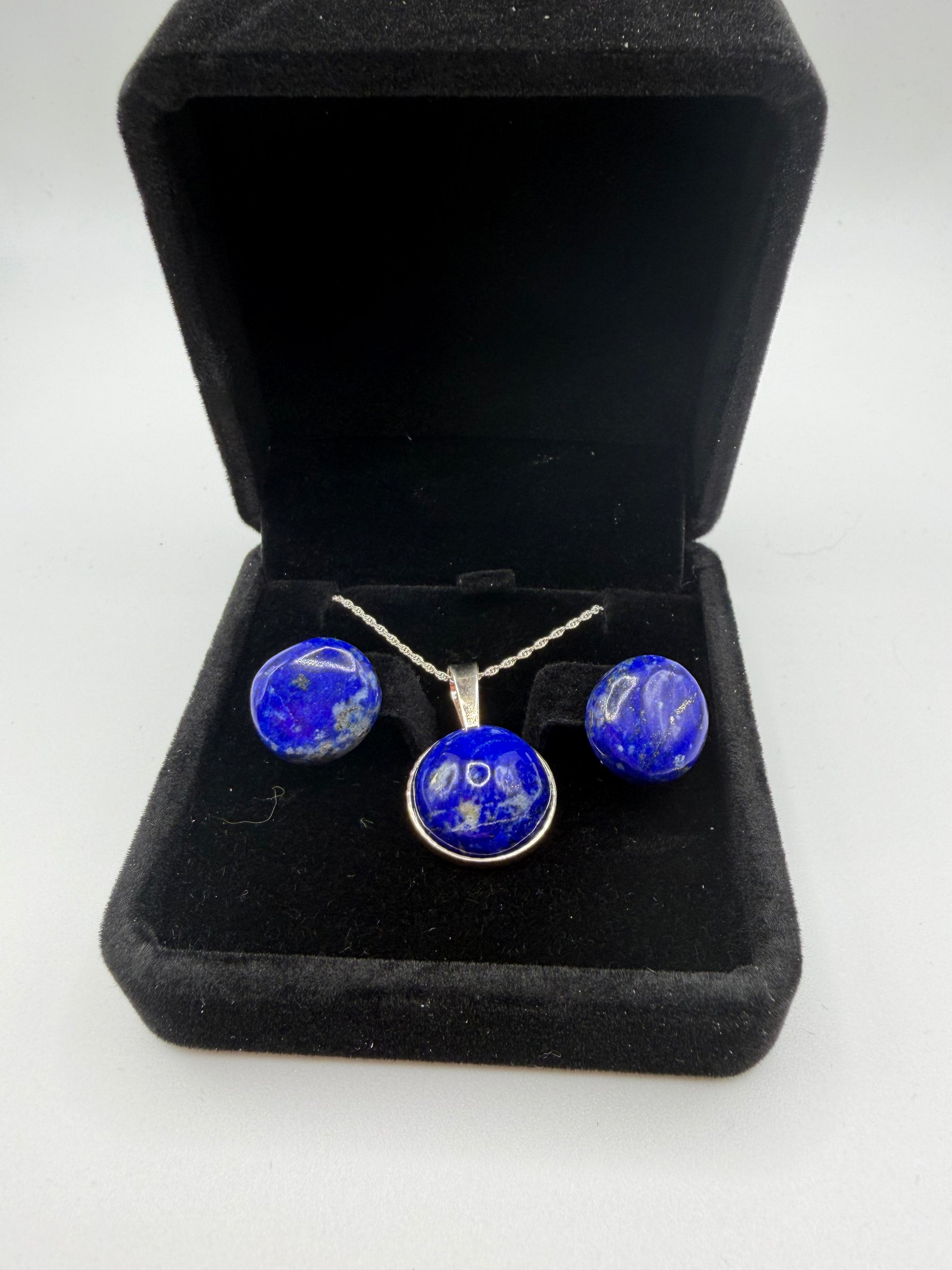 Lapis lazuli pendant and earring set handcrafted in Maine with sterling silver chain for pendant
