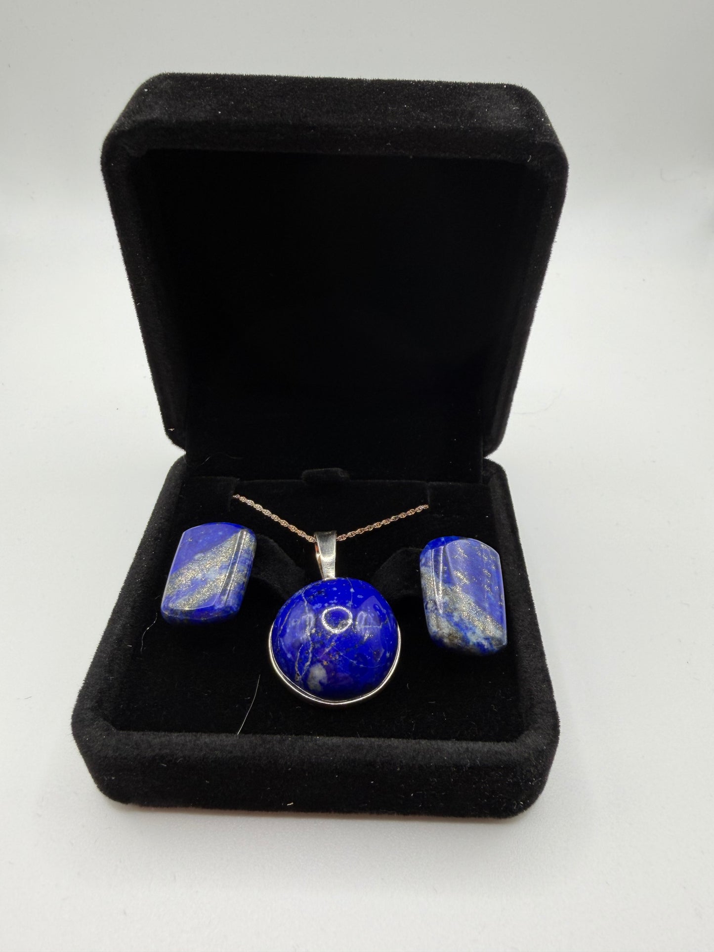 Lapis lazuli pendant and earring set handcrafted in Maine with sterling silver chain for pendant