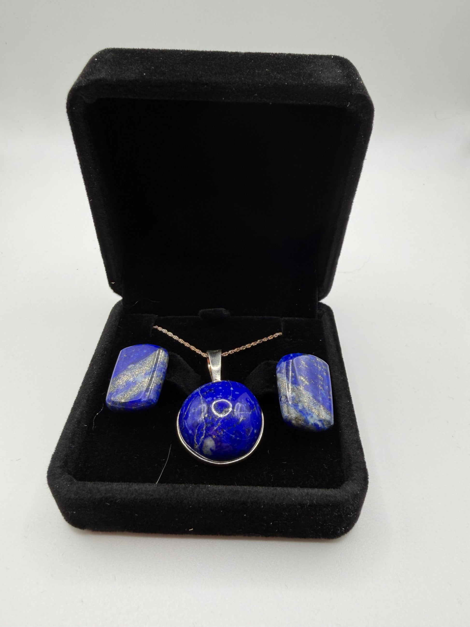 Lapis lazuli pendant and earring set handcrafted in Maine with sterling silver chain for pendant