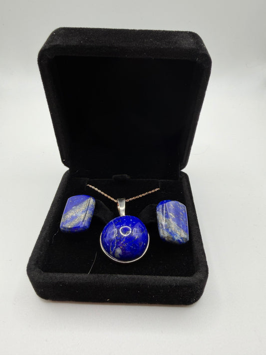Lapis lazuli pendant and earring set handcrafted in Maine with sterling silver chain for pendant