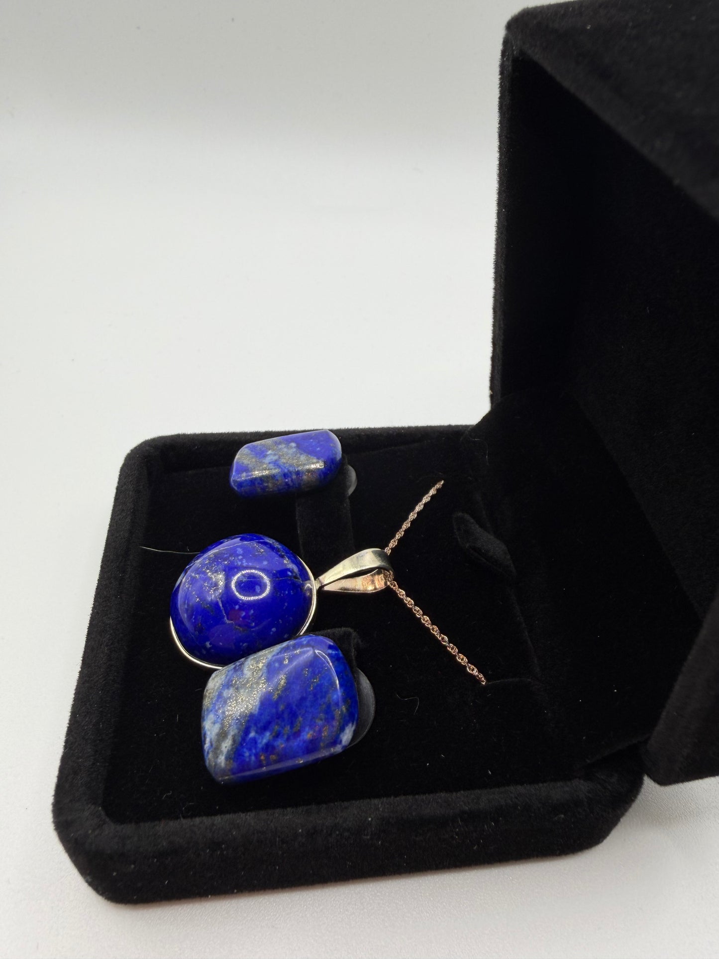 Lapis lazuli pendant and earring set in black display box