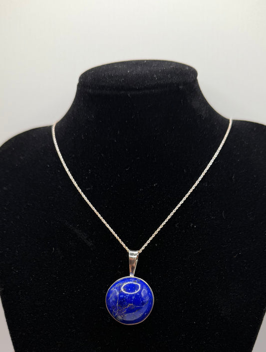 20mm Lapis Lazuli pendant handcrafted in Maine sterling silver with 18 inch chain included