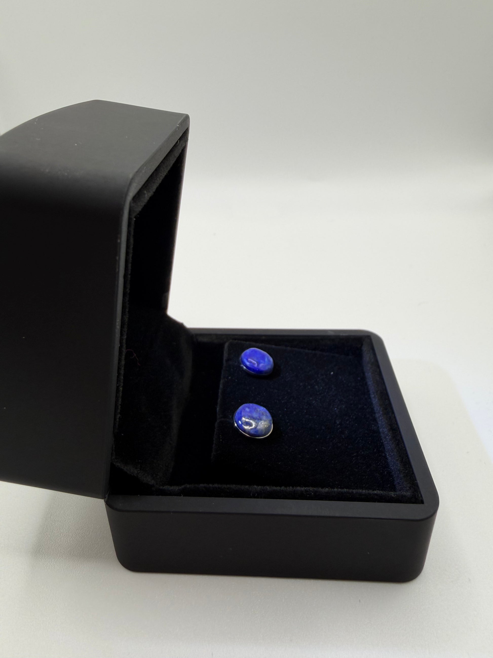 Titanium post and back on 8mm lapis lazuli stud earring handcrafted in Maine