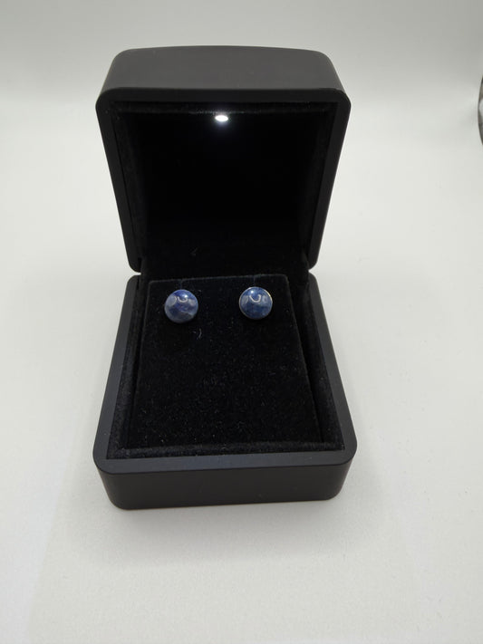 8mm sapphire titanium stud earrings handcrafted in Maine – one-of-a-kind pair