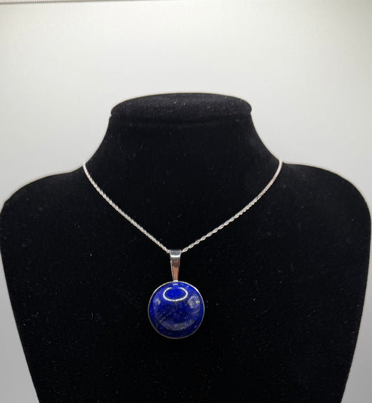 20mm Lapis Lazuli pendant handcrafted in Maine sterling silver with 18 inch chain included