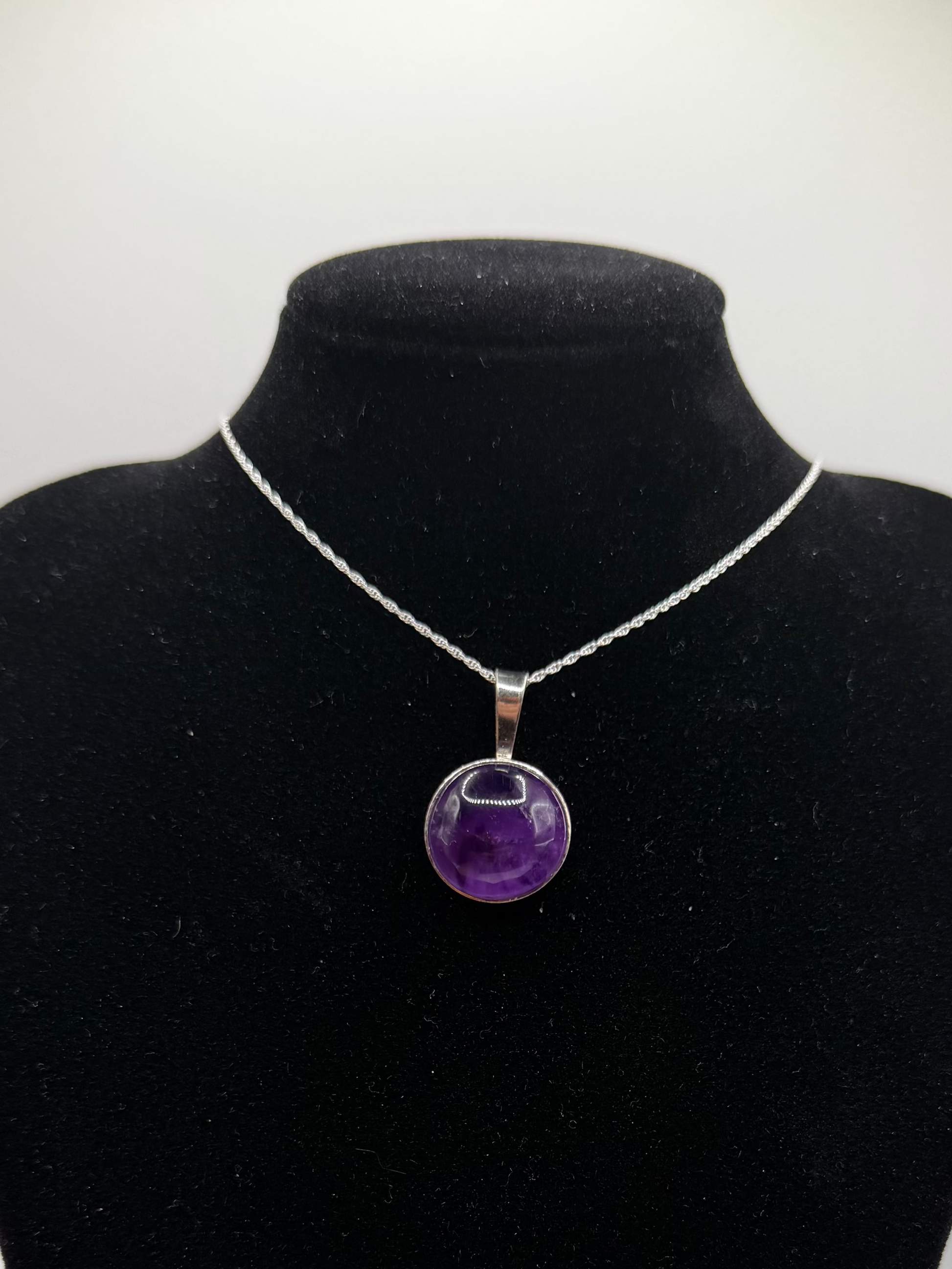 16mm Rwandan Amethyst pendant handcrafted in Maine sterling silver with 18 inch chain included