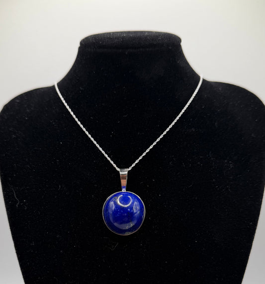20mm Lapis Lazuli pendant handcrafted in Maine sterling silver with 18 inch chain included