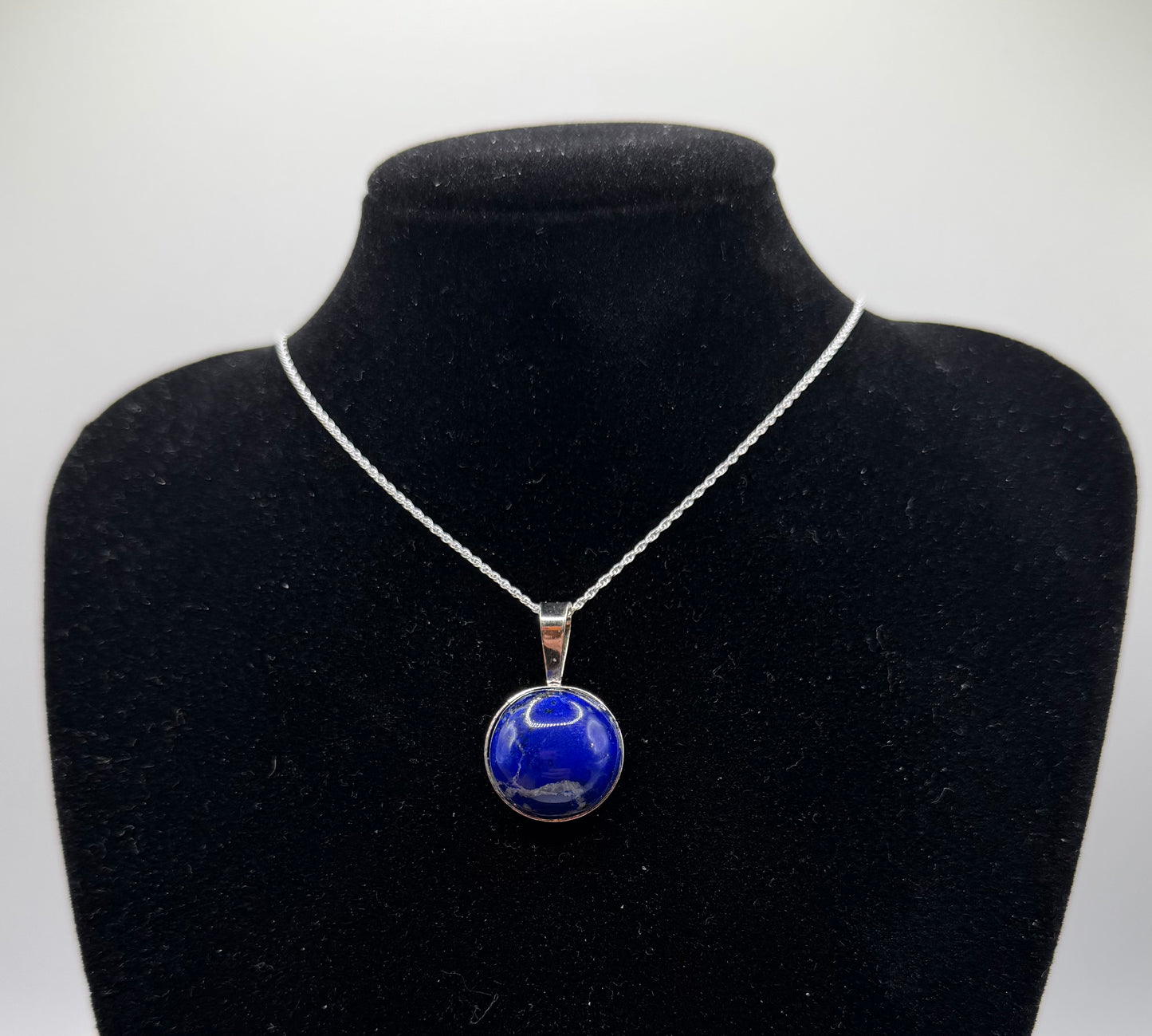 16mm Lapis Lazuli pendant handcrafted in Maine sterling silver setting with chain