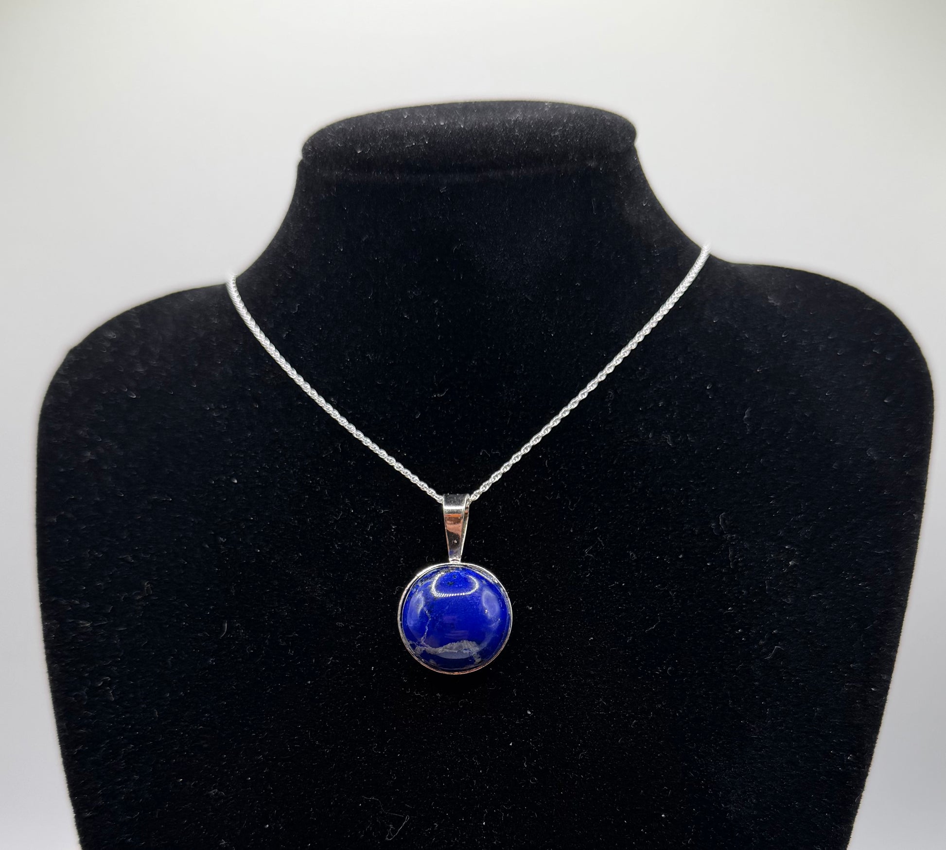 16mm Lapis Lazuli pendant handcrafted in Maine sterling silver setting with chain