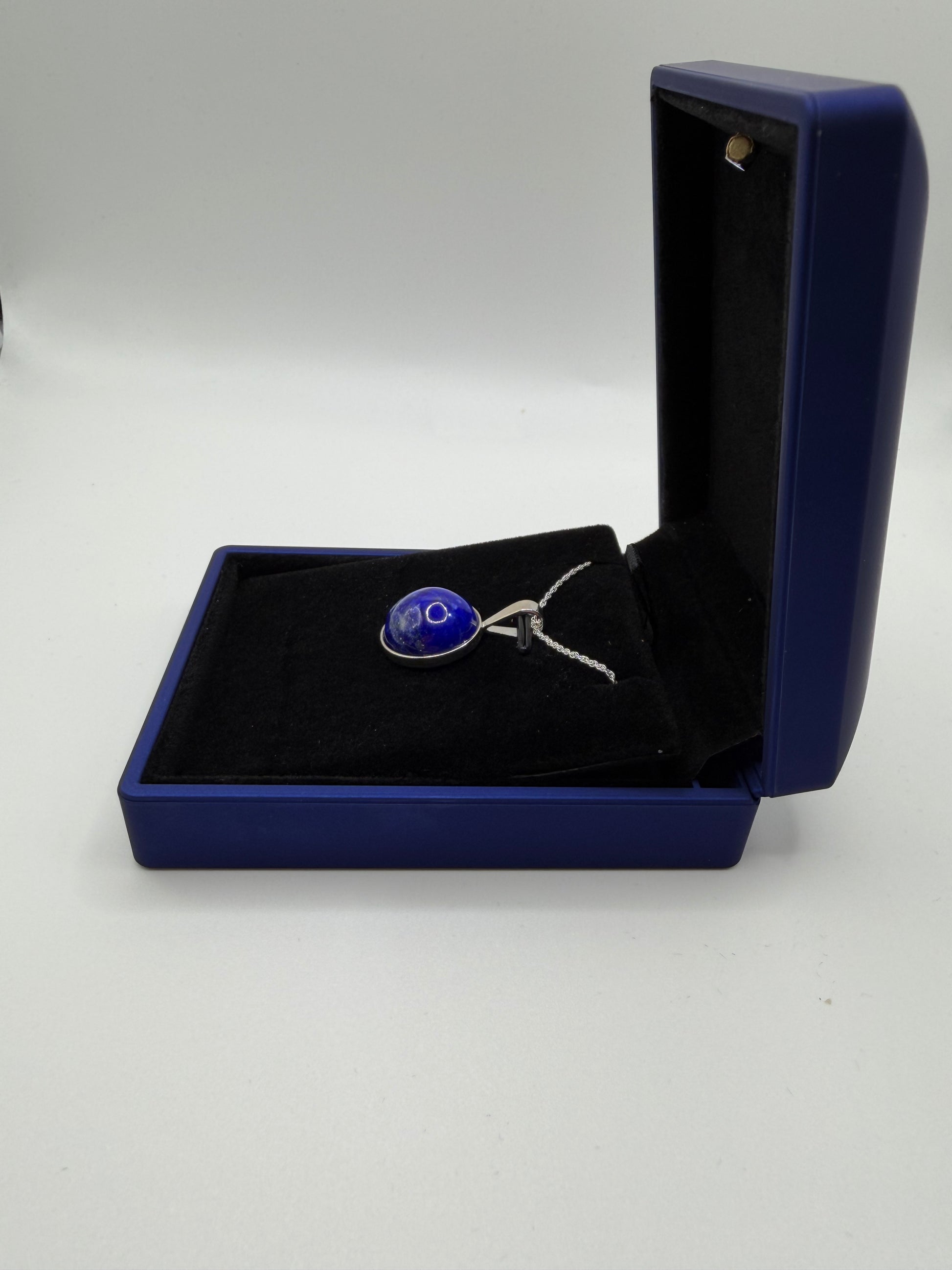 Sterling silver bail and chain on 16mm lapis lazuli pendant handcrafted in Maine