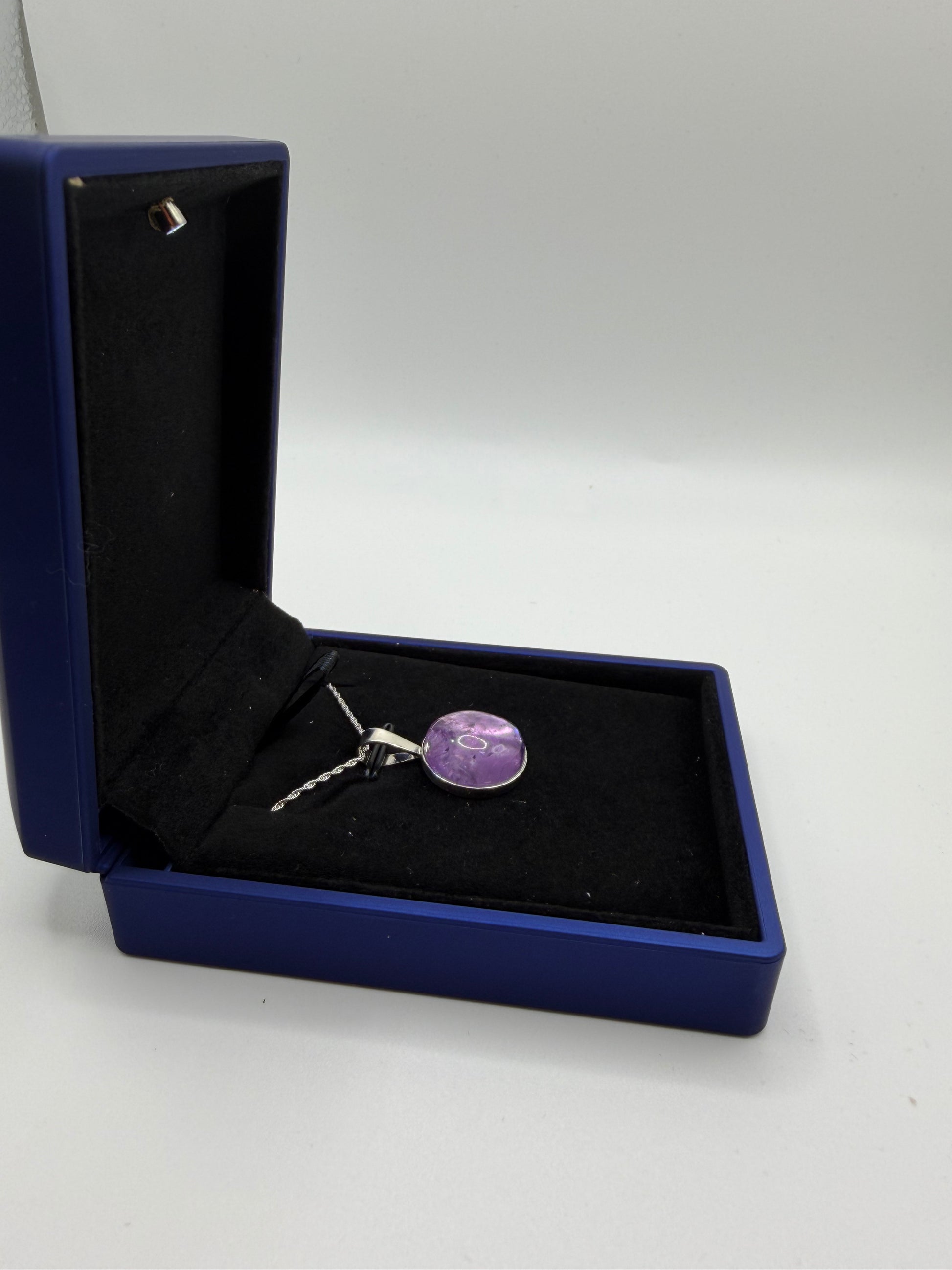 Sterling silver bail and chain on 16mm Rose de France Rwandan Amethyst pendant handcrafted in Maine