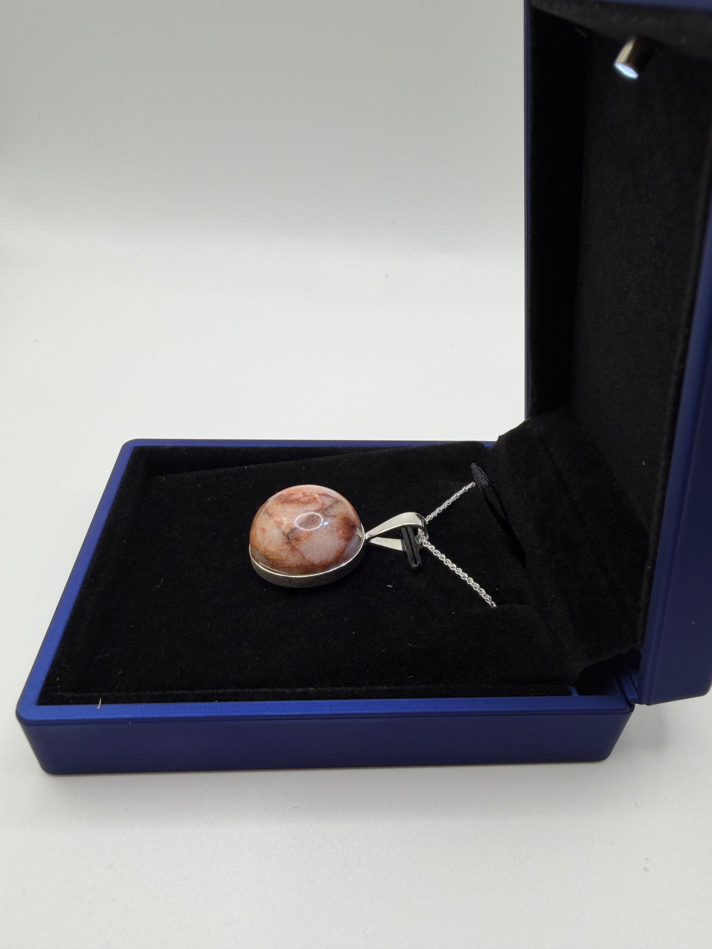 Sterling silver bail and chain on 20mm Hartland Carnelian pendant sourced in Maine